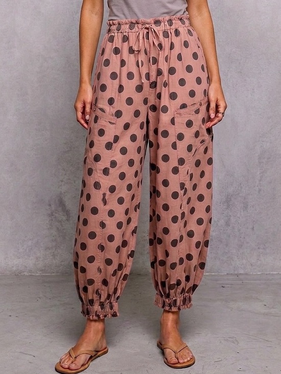 Gigio Pants - Gigio Dusty Rose Polka-Dot Gathered Ankle Pants
